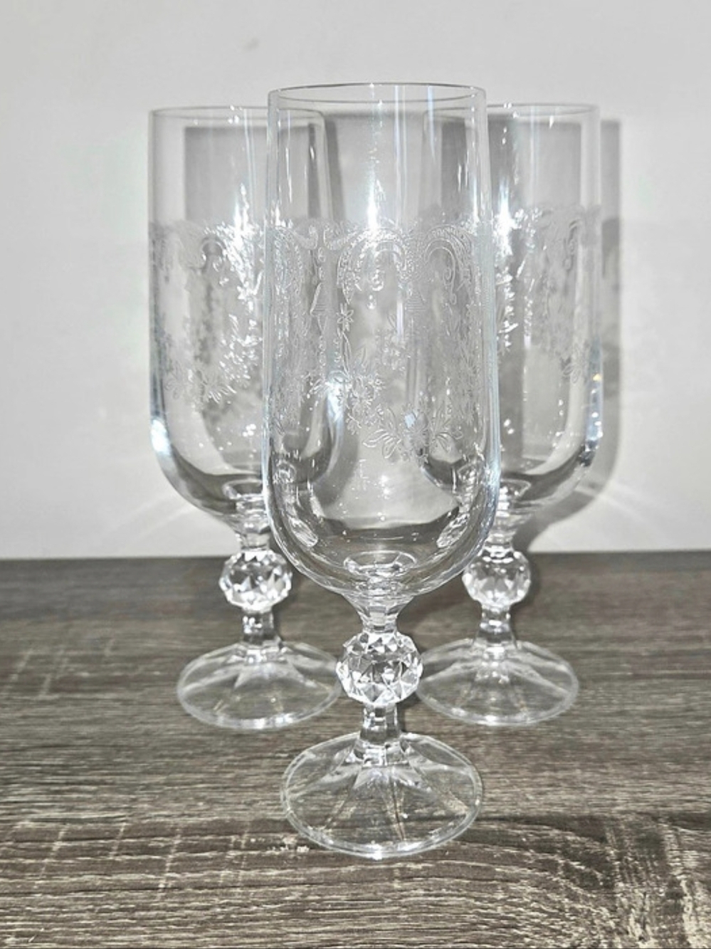 Set of 3 Vintage Bohemian Glass Etched Champagne Glasses SEE PICTURES
